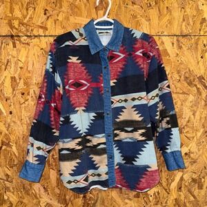 VTG Aztec Denim Button Shirt Multicolor Southwestern Western Rodeo Cowgirl sz M
